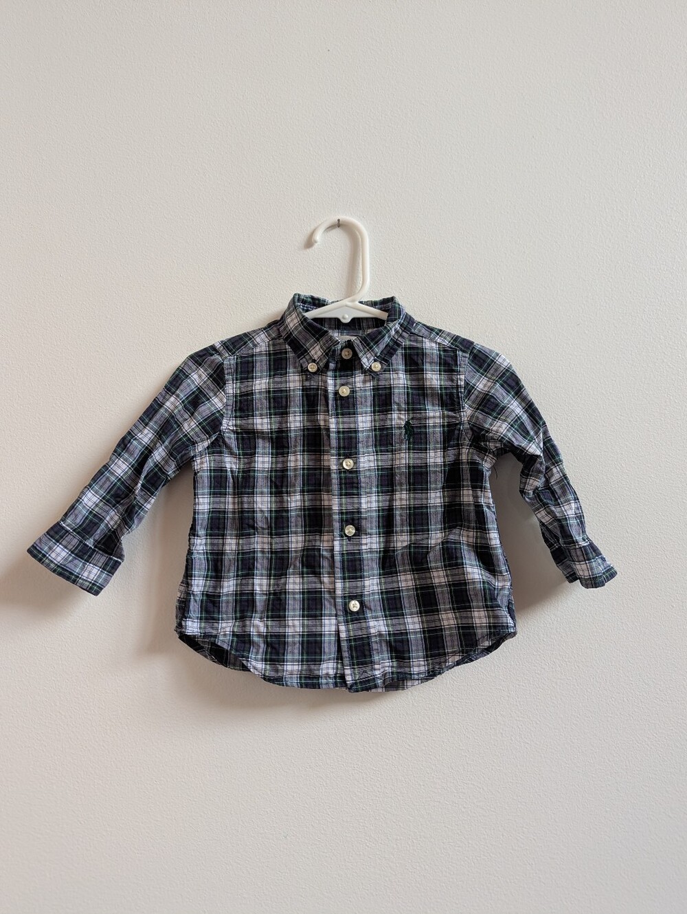 Ralph Lauren Button Down Shirt Baby Boys 9m Green Plaid Long Sleeve Preppy Pony